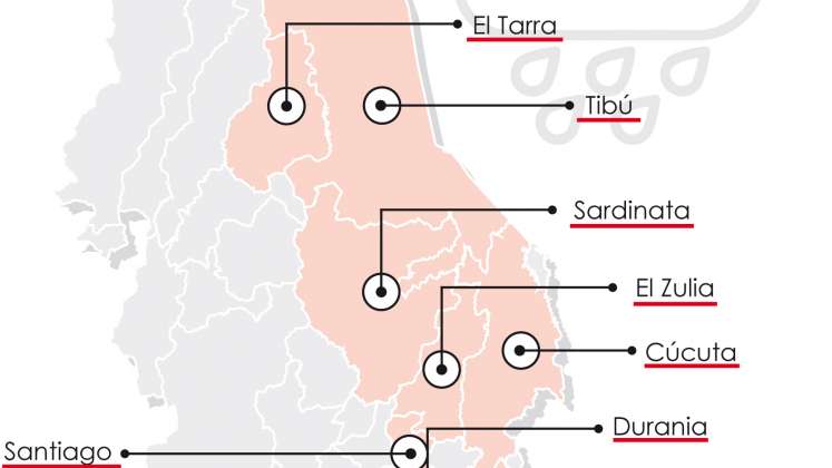 Mapa de municipios afectados por las lluvias en Norte de Santander.