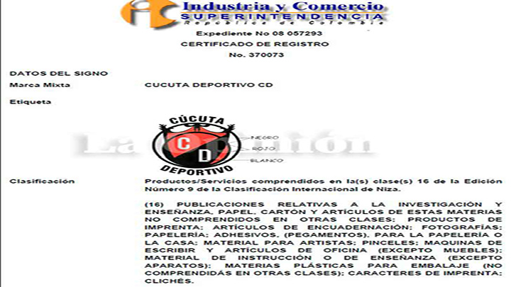 En 2008, se registró la marca Cúcuta Deportivo bajo el escudo que el equipo utilizó entre 2006 y 2009. Dicho registro caducó en 2018.