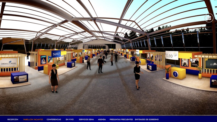 La segunda versión de este evento se desarrolla en una plataforma con entornos 3D y 2D, un lobby principal de atención a usuarios, 33 pabellones regionales y 263 stands empresariales. / Foto: SENA