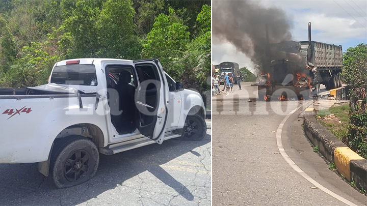 Varios hombres fuertemente armados montaron un retén ilegal, deteniendo la movilización y quemando el vehículo de carga pesada. / Foto:  Cortesía