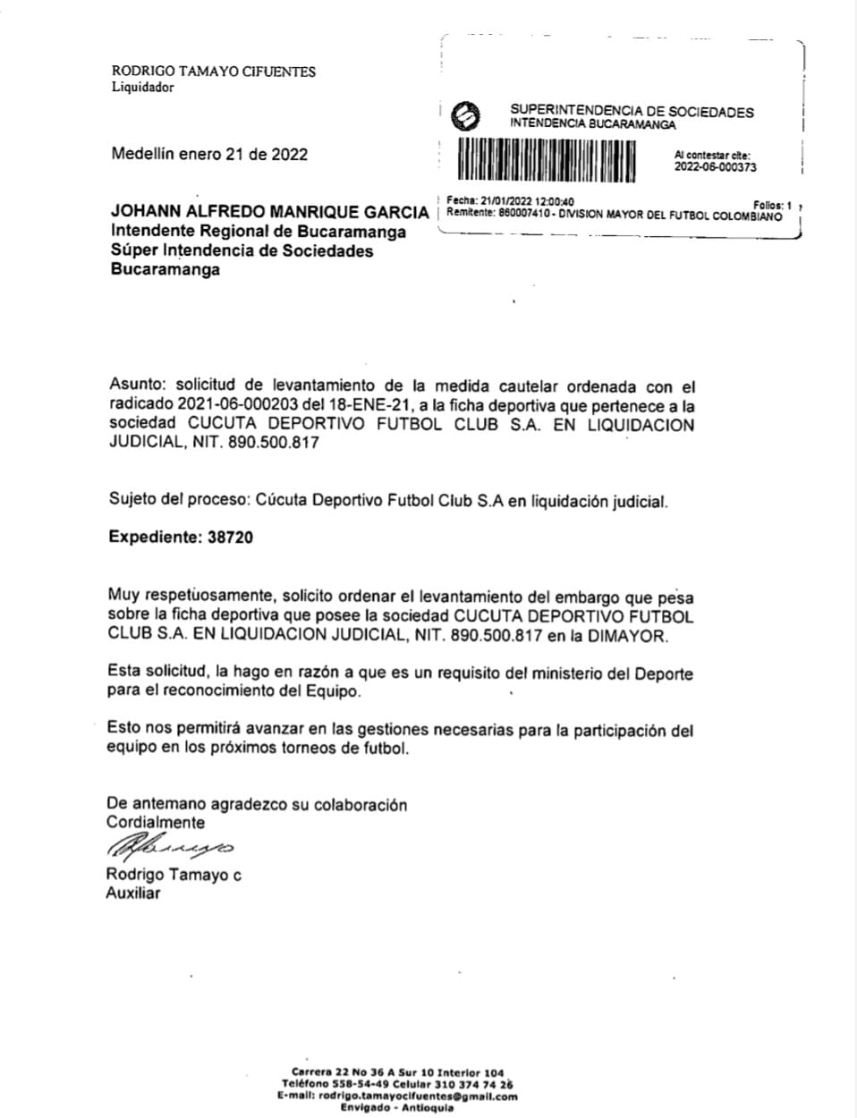 Carta liquidador del Cúcuta Deportivo 