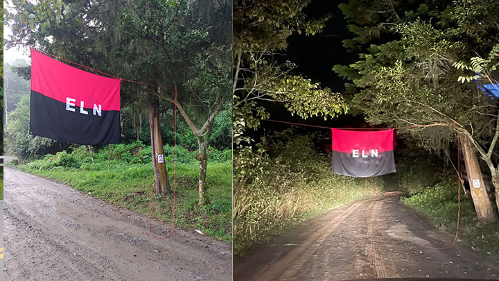 En la vía Chinácota-Ragonvalia fue dejada una bandera del Eln y una caja sospechosa./Foto: cortesía