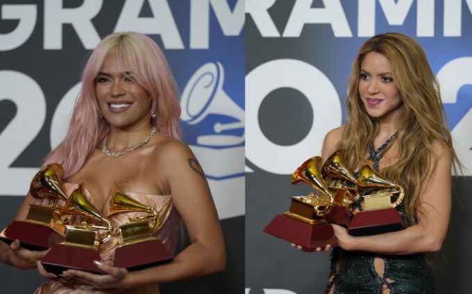 Shakira y Karol G, cada una obtuvo tres grammys. Foto: Colprensa