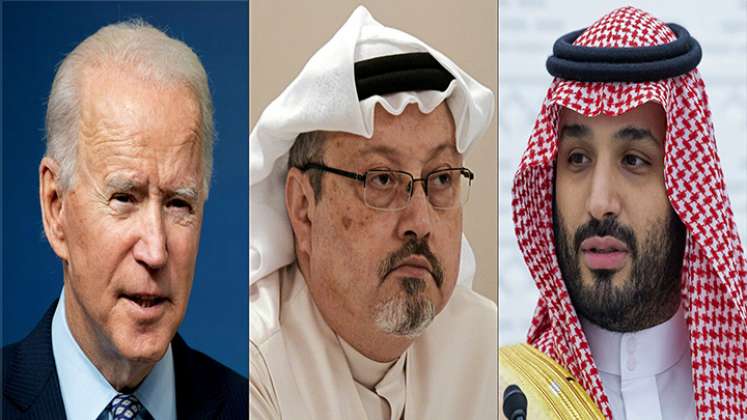 El presidente de Estados Unidos, Joe Biden; el periodista asesinado Jamal Khashoggi, y el príncipe heredero de Arabia Saudita, Mohamed bin Salmán.