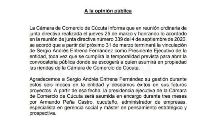 Boletín de prensa de la Cámara de Comercio de Cúcuta.