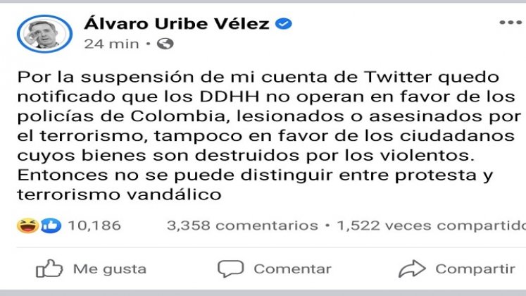Uribe rechazó la decisión de esta red social a través de otra cuenta./Foto: tomada de internet
