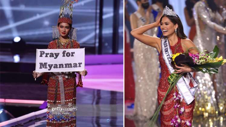 Miss Birmania, Thuzar Wint Lwin, quien se coló entre las 21 finalistas, usó su tiempo en el escenario para llamar la atención sobre el golpe de Estado en su país. La mexicana Andrea Meza fue coronada Miss Universo este domingo en Florida. / Foto: AFP
