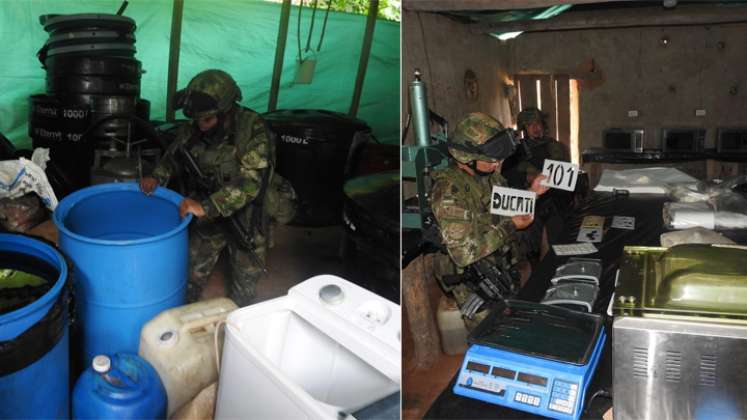 Las tropas hallaron 445 kilos de insumos sólidos, 2.582 galones de insumos líquidos, diferentes máquinas y equipos que eran utilizados para el procesamiento y distribución de estos alcaloides en toda la subregión del Catatumbo. / Foto: Ejército Nacional