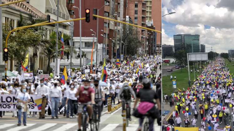 Hombres y mujeres de blanco caminan con pancartas que piden "paz" o "no más bloqueos" de carreteras y entonando oraciones. / Foto: El Colombiano