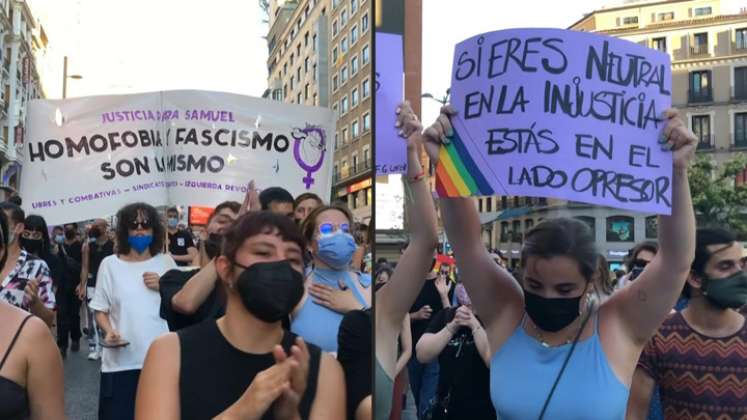 "Justicia para Samuel. Homofobia y fascismo son lo mismo", rezaba la gigantesca pancarta que portaban los manifestantes, que iniciaron una marcha este lunes por la noche en la famosa Puerta del Sol de Madrid, observó AFPTV. / Foto: AFP