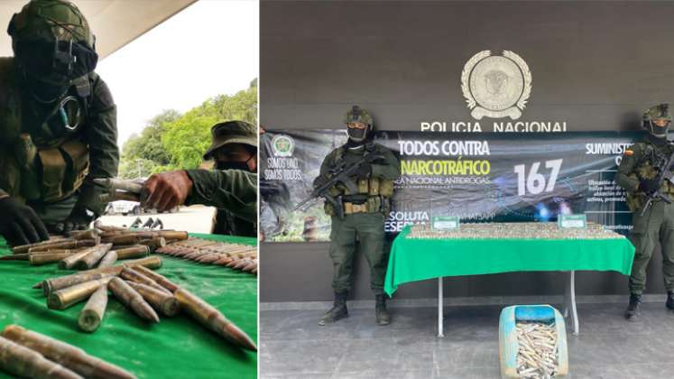 Esta munición es utilizada con fusiles de precisión Barret o ametralladora Browing entre otras armas que podrían ser utilizadas para disparar a las aeronaves que ejecutan actividades operativas en el Catatumbo, según la Policía. / Foto: Policía