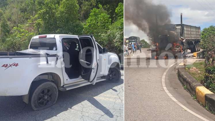Varios hombres fuertemente armados montaron un retén ilegal, deteniendo la movilización y quemando el vehículo de carga pesada. / Foto:  Cortesía